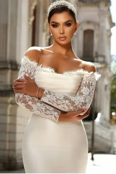 Off-the-Shoulder Long Sleeves Lace Mermaid Wedding Dress-27dress